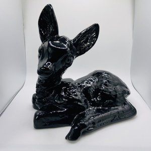 Vintage Fawn 8” Tall Ceramic Sculpture Statue Young Deer Black MCM Minimal